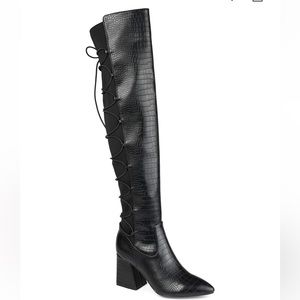 The Valorie boots, thigh-high a pointed-toe, stretch gore accent
